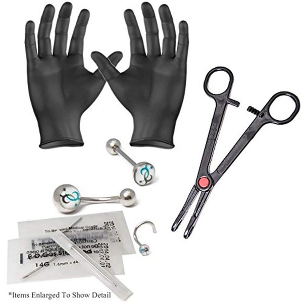 8-Piece Piercing Kit Including Nose, Belly, Barbell Jewelry Also Gloves, Forceps and Needles - PK007