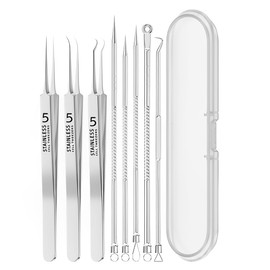 IKOPFLN 8-Piece Blackhead Remover Set - Pimple Blackhead Tweezers Made of Stainless Steel - Comedone Squeezer Professional Tweezers for Removing Blackheads on the Face - Unisex, a