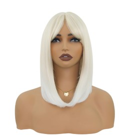 Short Bob Wig with Bangs for Women Blonde White Multicolor Bob Wig Shoulder Length Synthetic Wig Daily Party Cosplay Natural Looking(Blonde/White 14 Inches)