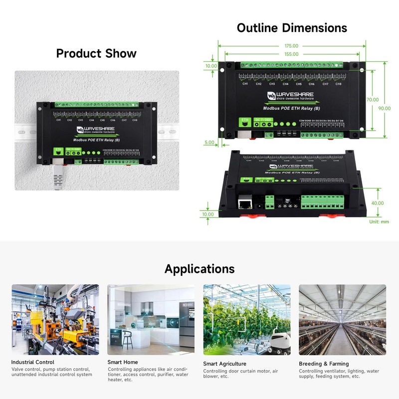 Waveshare 8-Ch Ethernet Relay Module (B) with Digital Input, Modbus