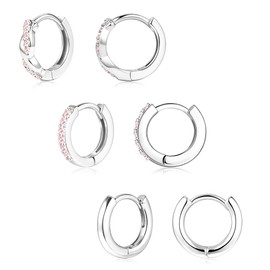 Inerney Sterling Silver Huggie Hoop Earrings Set for Women, Dainty 925 Small Cartilage Earrings for Multiple Piercing Lightweight Hypoallergenic Jewelry, Trendy Twisted Pink Cubic Zircon Earrings for Women's Gifts 3 Pairs