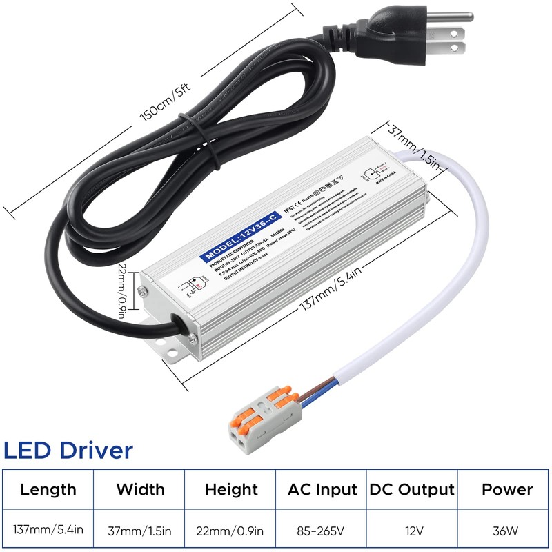 Karyoosi LED Driver 36 Watts Waterproof IP67, 12V DC Power