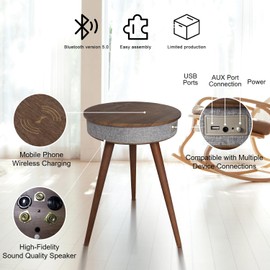 Louis Donné Music Night Coffee Table End Table Speaker 15w BT Speaker 5.0 2 Speaker Waterproof Wood top feet Wireless Chargering hi FI Multi Table Home Decor Gifts (Walnut) Wood top Solid Foldable