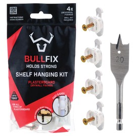Bullfix Shelf Fixing Kit - Heavy Duty Plasterboard Fixings for Shelves, 4 Bullfix Universal Fixings with Collars and a 20mm Drillbit, Heavy-Duty Shelving Mounting Kit