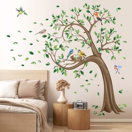 decalmile Large Green Tree Wall Stickers Flying Leaves Birds Wall Decals Bedroom Living Room Sofa TV Background Wall Decor (H:160CM)