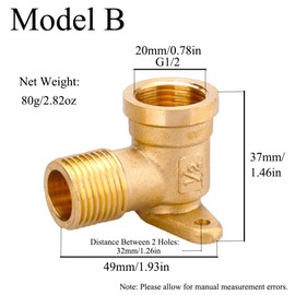 Brass Elbow Connectors, 2 Pcs 1/2" Female x 1/2" Male 90 Degree Threaded Drop Ear Elbow with Base Plate, Pipe Plumbing Fittings for Air Water Oil Pipe (Type B)
