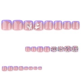 BAOYAALIN Press on Toenails French Blue Fake Toe Nail with 3D Alloy Butterfly Design for Women, Full Cover Acrylic Glue Press ons Toenail Short Stick on Toenails for Women Manicure 24PCS