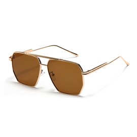 LASPOR Retro Oversized Square Sunglasses for Women Men Vintage Shades UV400 Large Metal Frame Sunglasses (Gold Frame Brown Lens)
