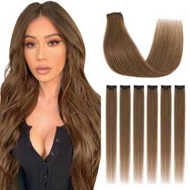 Silk-co Clip in Hair Extensions Real Human Hair Extension Double Weft With Lace Coverd Clip in Silky Straight 100% Natural Very Thin Highlight efffect for Women 6PCS 6Clip 16Inch #04 Medium Brown 40g