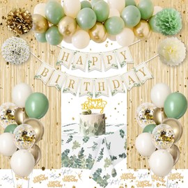 Sage Green Birthday Decorations, Sage Green Party Decorations, Green White Sand Balloons Happy Birthday Banner Tablecloth Fringe Curtain Paper Pom Poms for Kids Women Men Girls Boys Birthday