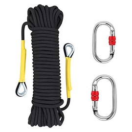 X XBEN Outdoor Climbing Rope, 8MM Black Diameter Static Rock Climbing Rope 10M(32ft) Tree Climbing Rappelling Rope with Hooks, Escape Rope Fire Rescue Parachute Rope