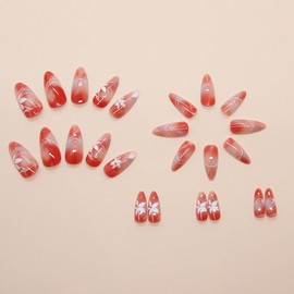 Almond Press on Nails Medium Fake Nails with Leaves Glitter Designs Glossy Glue on Nails Red Gradient Acrylic Nails Fall False Nails Cute Artificial Stick on Nails for Women 24Pcs