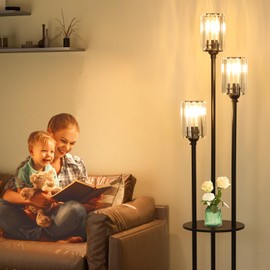 HMVPL Crystal Floor Lamp with Shelves, Modern Floor Lamps for Living Room, 3-Light Standing Lamps with Table, Black Tall Lamp with Crystal Shade, On/Off Foot Switch, Corner Floor Lamp for Bedroom
