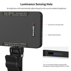 Newmowa Newmowa Black Rechargeable Selfie Light - Portable Clip Video Light for Phone/Laptop/Camera with Smart Light Sensor,3 Light Mode,2000mAh Battery Phone Light for Selfie/Makeup/Video Conference/TikTok