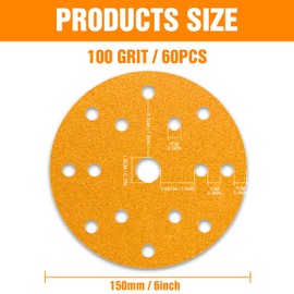 KONGMING Sandpaper 150 mm Velcro Pack of 60 15 Hole Grit 100 for Random Orbital Sanders