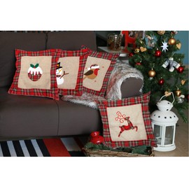 SHATCHI Set Of 4Pcs Pillow Cases Reindeer Snowman Robin Christmas Pudding Printed Pattern Cushion Covers Burlap Hessian Cotton Linen Sofa Bed Throw Cushions Couch Xmas Home Decorations