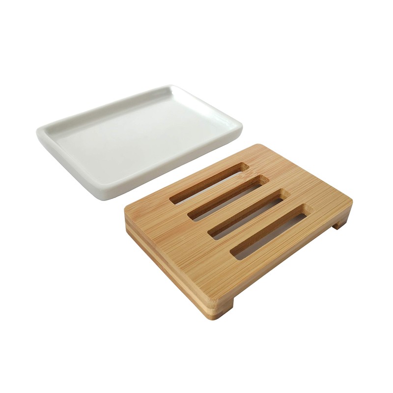 lofekea Ceramic Soap Dish Bamboo Soap Holder for Bathroom and