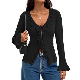 ZESICA Womens 2025 Fall Tie Front Bow Cardigan Sweaters Long Bell Sleeve V Neck Ruffled Knit Cropped Trendy Tops Black Small