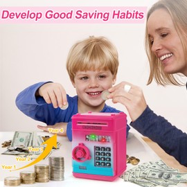 Highttoy Money Box Girls from 3 Years, Electronic Money Box Piggy Bank for Children Safe Money Boxes with Code ATM Money Box ATM Money Box Gifts Girls Rose Red