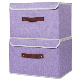 ANMINY 2PCS Storage Bins with Lid PU Leather Handles Storage Boxes PP Plastic Board Decorative Foldable Lidded Cotton Linen Fabric Home Cubes Baskets Closet Organizer Containers - Purple, Large Size
