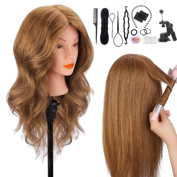 Mannequin Head with 100% Real Hair, TopDirect 18" Brown Real Hair Cosmetology Manikin Head Hair Styling Hairdressing Practice Training Doll Heads with Clamp Holder and Tools