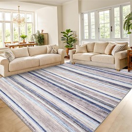 SLEKVERSA Area Rug for Bedroom Washable Rugs 5x7 Modern Striped Carpet Non Slip Non Shedding Floor Covering Stain Resistant Contemporary Mats for Nursery Living Room Office, Blue/Camel