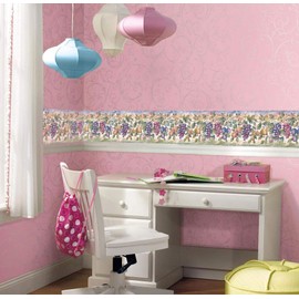 Wall Border - Mauve Hot Pink Yellow Grapes Pear Plum Apple Distressed Scalloped Wallpaper Border Retro Design, Prepasted Roll 15 ft. x 9 in.