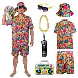 YQVGFBY 80s 90s Fancy Dress for Men 80s 90s Shell Suit Costume Men,Hip-hop T-shirts and Shorts Set, Sportswear, Disco,Carnival Costumes (Red, 2XL)