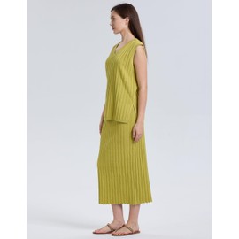 SCUSTY Women's 2 Piece Sweater Skirt Sets Sleeveless V Neck Knit Ribbed Vest Tops Midi Skirt(LemonYellow-L)