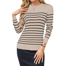 Arach&Cloz Women Fall Fashion Wool Blend Soft Sweater 2024 Long Sleeve Crew Neck Business Casual Striped Pullover Tops Trendy Outfits Light Apricot L