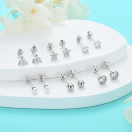 Silver Stud Earrings for Women Girls, 6 Pairs S925 Sterling Silver Small Stud Earrings Flower CZ Ball Pearl Studs Earrings Set Cubic Zirconia Studs Sleeper Earring Jewelry Gift for Teens Kids