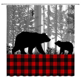 ZNLSU Cabin Bear Shower Curtain Retro Rustic Lodge Red Black Buffalo Plaid Wildlife Black Bear Forest Vintage Farmhouse Hunting 70" WX70 H Bathroom Decor Fabric Curtain with Hooks