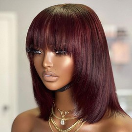 QTIKER Stylish Burgundy Bob Wig with Bang Layered Human Hair 13x4 Frontal Lace Colored Bob Wigs Transparent Lace Short Style Wig (13X4 Burgundy Bob, 14 INCH)