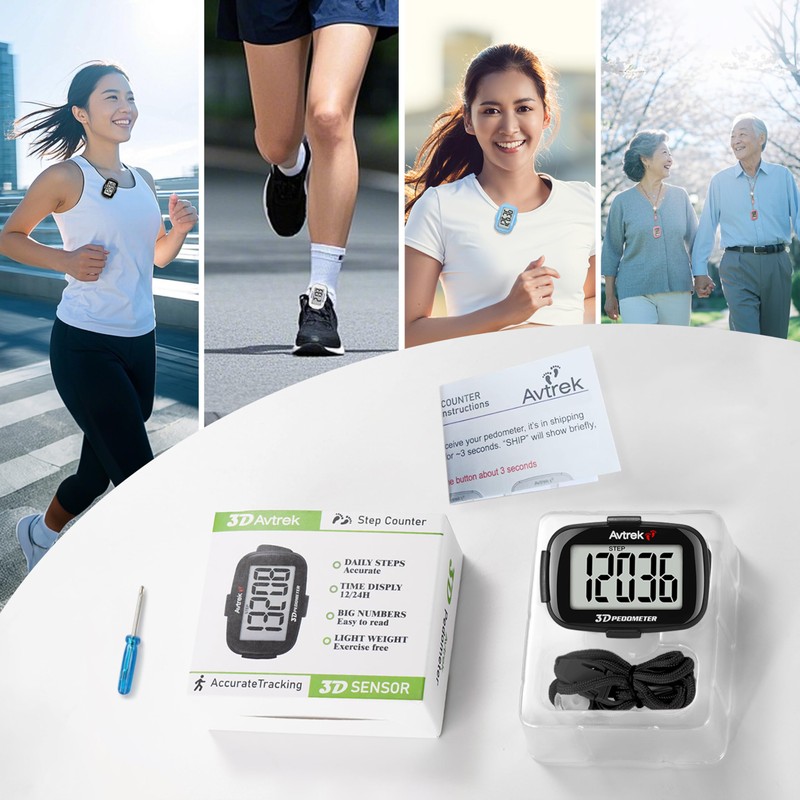AVTREK Clip-on Pedometer with Time Display, LED Backlight, Ideal for