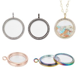 PH PandaHall 5pcs Rhinestone Photo Frame Charm, 5 Colors 35mm Round Crystal Double-Sided Picture Frame Memory Locket Charm Alloy Dangle Charms for Wedding Bridal Bouquet Keychain Jewelry Making