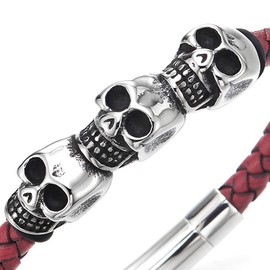 COOLSTEELANDBEYOND Men Women Steel Three Vintage Stacking Skulls Red Braided Leather Bracelet Bangle with Spring Clasp
