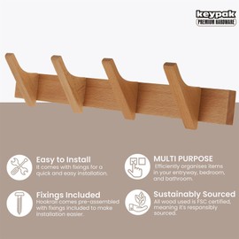 Keypak Wooden Wall Mounted Coat Rack 4 Hook 46cm Slimline Scandinavian Style Rail for Coats, Clothes, Entryway, Bathroom Use