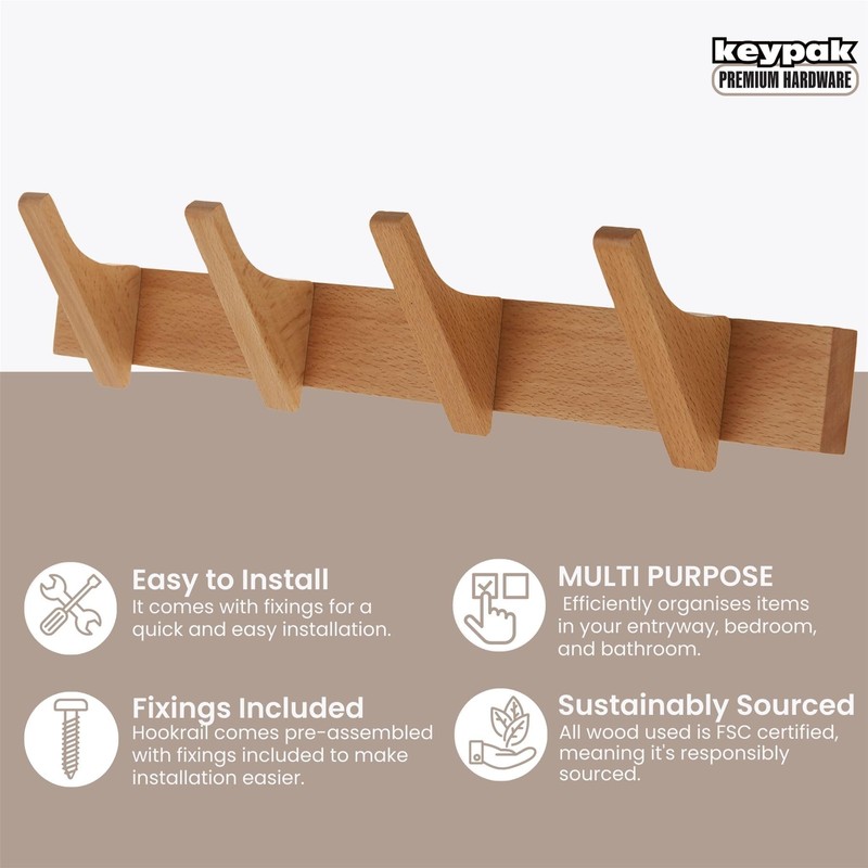 Keypak Wooden Wall Mounted Coat Rack 4 Hook 46cm Slimline