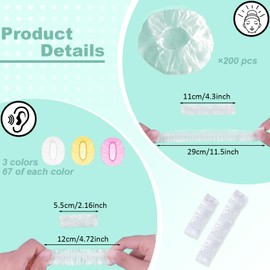 200 Pieces Disposable Shower Caps Waterproof 100 Pieces Transparent Earmuffs for Shower Ear Protection with Rubber Bands for Hair Color Docc