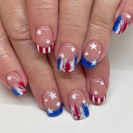French Tip Press on Nails, Red White Blue Independence Day Fake Nails, July 4th Star Square False Nails with Glue for Women Holiday Glossy Manicure Decoration Supplies (24pcs)