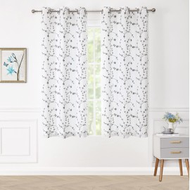 Bujasso Double Layers White Sheer Curtains 54 Inch Length for Living Room White and Grey Embroidery Flowers Lined Privacy Half Window Curtain Leaf Botanical Patterned Grommet Top Drapes W38 xL54