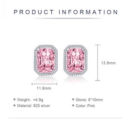 Shuxin Sterling Silver Stud Earrings for Women, Silver Rectangle Cubic Zirconia Stud Earrings, Big Pink Faux Crystal Diamond Gemstone Studs Earrings, Bridal Earrings for Brides Bridesmaids Wedding