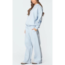 2 Piece Lounge Sets for Women Fall Sweatsuits Bow Print Long Sleeve Crew Neck Wide Leg Sweatpants Matching Tracksuit (Blue, XL)