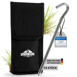 ACTIVE SPARK High-quality sturdy aluminium tent pegs with pointed hook end, set of 10, silver, durable, robust and lightweight + carry bag, camping accessories, ground anchors, ground pegs