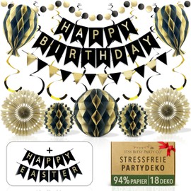 Itsy Bitsy Party Co Premium Wiederverwendbare Geburtstagsdeko Mann - Schwarz Gold Deko Geburtstag / Party Deko - Happy Birthday Girlande, Wimpelkette Geburtstag, Wabenbälle - Happy Birthday Deko (Schwarz Gold Partydeko)