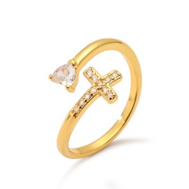 cmoonry 14K Gold Plated CZ Cross Heart Ring Eternity Promise Jewelry for Her (Heart Cross)