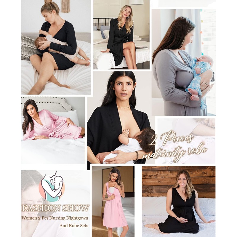 SWOMOG Women Maternity Nursing Gown and Robe Set 3 in