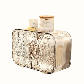 Wall-Mounted Clear Cotton Pad Organizer – Dustproof Bathroom Storage Box with Dividers for Cotton Swabs, Lipsticks, Hair Ties & Makeup Essentials (Gold)