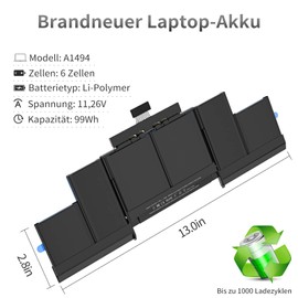 DREAMME A1494 A1618 Laptop Battery for MacBook Pro 15 Inch Retina A1398 (Late 2013, Mid 2014, Mid 2015), [A1398 A1494 A1618 Battery, 11.26 V / 99 Wh]