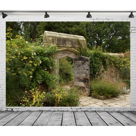 CORFOTO 6x4ft Fabric Forest Secret Garden Stone Arch Door Backdrop Castle Gardens Background Spring Backdrops Wedding Birthday Party Banner Photo Studio Props